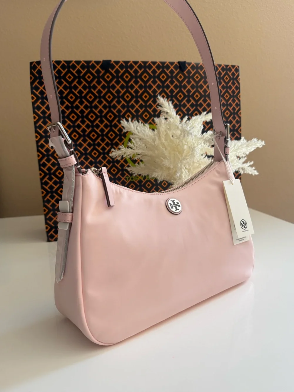 NWT , NYLON SMALL ZIP TOP SHOULDER BAG coral pink $300